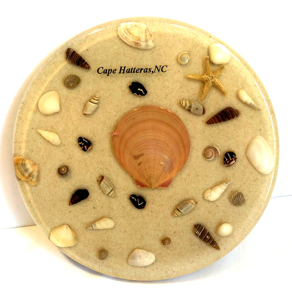 Retro Cape Hatteras NC Shells Sand Starfish Lucite Trivet Hot Plate Made in USA - Picture 1 of 4